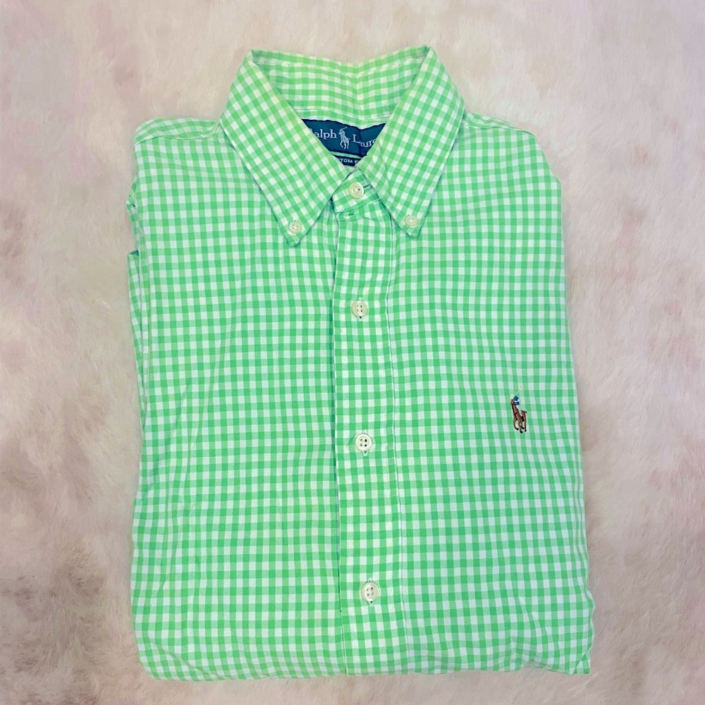 Men's Polo Ralph Lauren bright green Gingham Oxford Shirt custom Fit small
